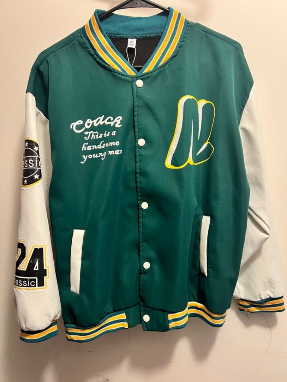 Unbranded Green White Varsity Baseball Jacket Fleece Lined Vintage Style